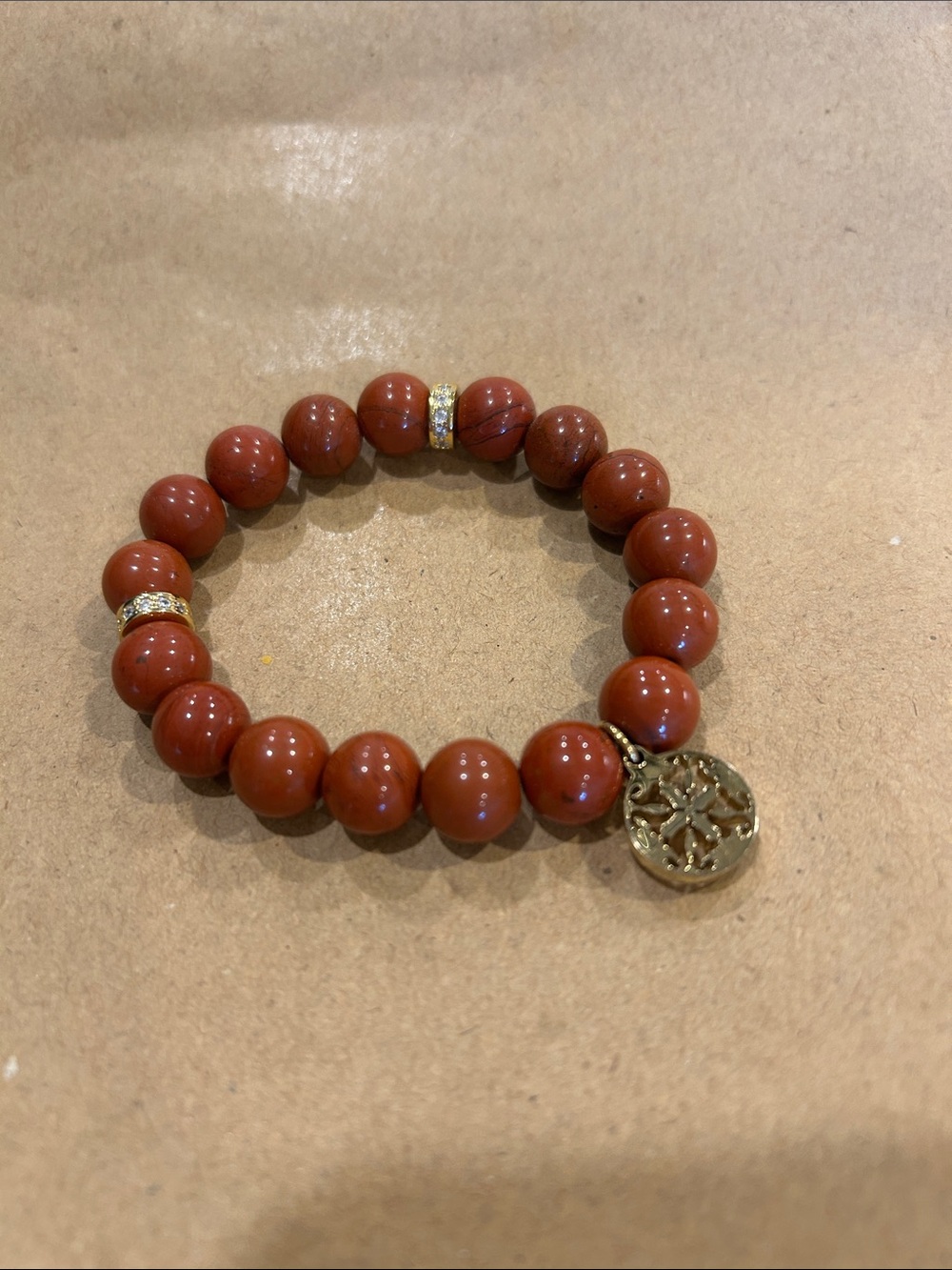 Rustic Cuff Red Jasper Bead Bracelet with Gold Charm